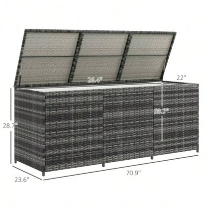 Outsunny 175 Gallon Outdoor Storage Box with Inner Liner, PE Rattan Wicker Deck Box with Pneumatic Bar Lift Indoor Outdoor, Patio Furniture Cushions, Pool Toys, Garden Tools, Mixed Gray