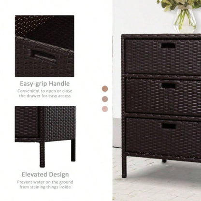 Outsunny Outdoor Towel Cabinet, PE Rattan Pool Storage Organizer, Freestanding Outdoor Towel Rack Pool with 3 Drawers and Weather Safe Material, Brown