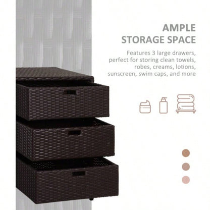 Outsunny Outdoor Towel Cabinet, PE Rattan Pool Storage Organizer, Freestanding Outdoor Towel Rack Pool with 3 Drawers and Weather Safe Material, Brown
