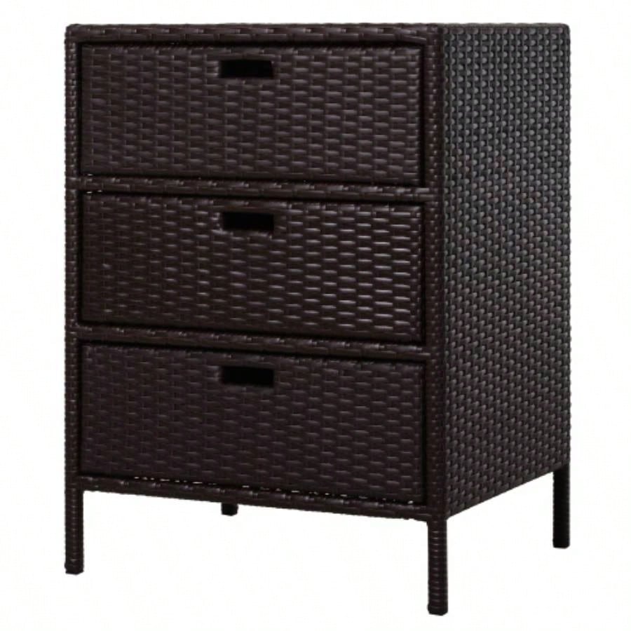 Outsunny Outdoor Towel Cabinet, PE Rattan Pool Storage Organizer, Freestanding Outdoor Towel Rack Pool with 3 Drawers and Weather Safe Material, Brown