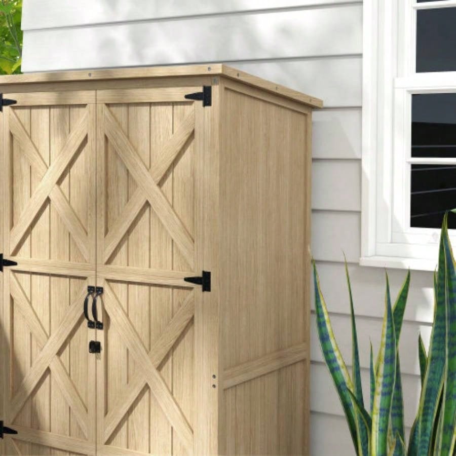 Outsunny Wooden Garden Shed, Outdoor Storage Cabinet with Waterproof Asphalt Roof, Narrow Shed with Shelves and Lockable Doors, Natural