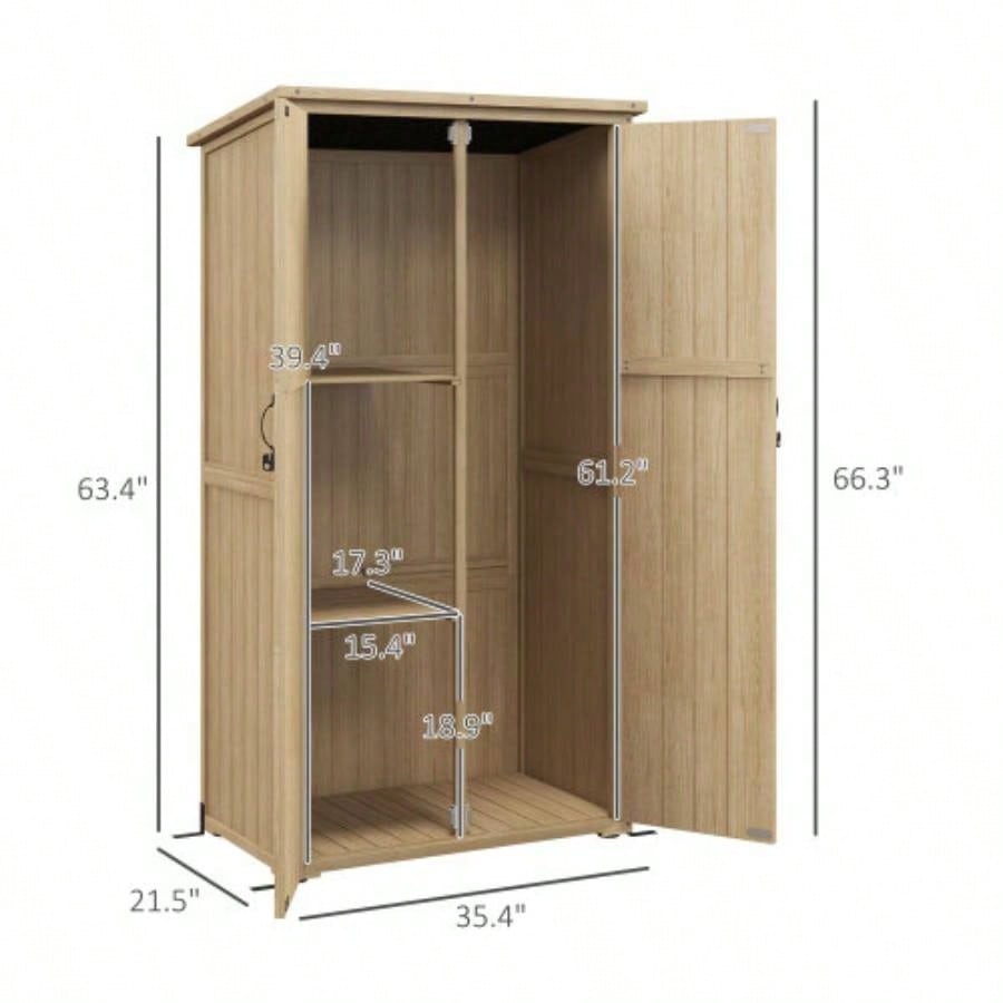 Outsunny Wooden Garden Shed, Outdoor Storage Cabinet with Waterproof Asphalt Roof, Narrow Shed with Shelves and Lockable Doors, Natural