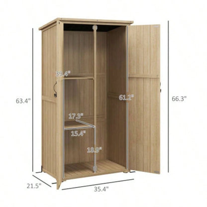 Outsunny Wooden Garden Shed, Outdoor Storage Cabinet with Waterproof Asphalt Roof, Narrow Shed with Shelves and Lockable Doors, Natural