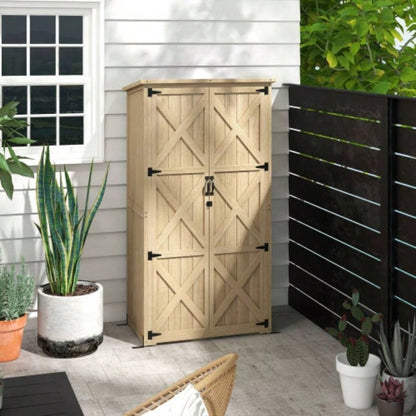 Outsunny Wooden Garden Shed, Outdoor Storage Cabinet with Waterproof Asphalt Roof, Narrow Shed with Shelves and Lockable Doors, Natural