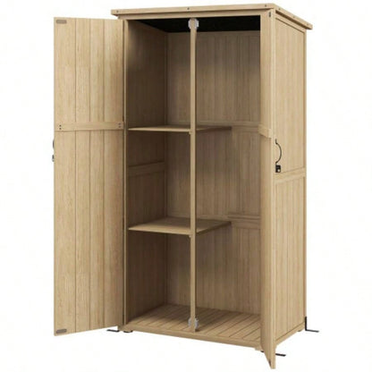 Outsunny Wooden Garden Shed, Outdoor Storage Cabinet with Waterproof Asphalt Roof, Narrow Shed with Shelves and Lockable Doors, Natural
