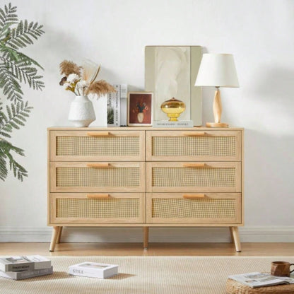 Bedroom dresser, 6 Double Dresser with rattan drawers, wood chest of drawers kids room, living room, entry and hallway, Natural, 47.2x 15.8 Dx 30 H.