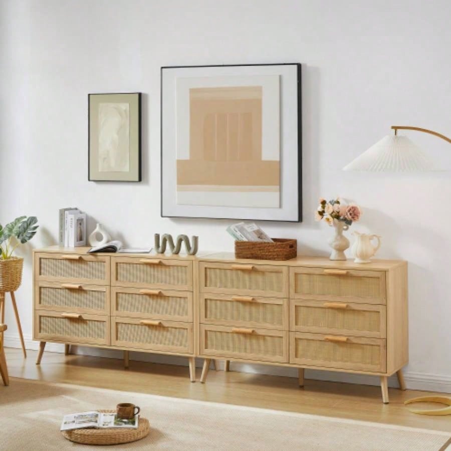Bedroom dresser, 6 Double Dresser with rattan drawers, wood chest of drawers kids room, living room, entry and hallway, Natural, 47.2x 15.8 Dx 30 H.