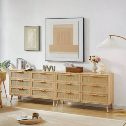 Bedroom dresser, 6 Double Dresser with rattan drawers, wood chest of drawers kids room, living room, entry and hallway, Natural, 47.2x 15.8 Dx 30 H.