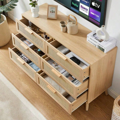Bedroom dresser, 6 Double Dresser with rattan drawers, wood chest of drawers kids room, living room, entry and hallway, Natural, 47.2x 15.8 Dx 30 H.