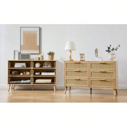 Bedroom dresser, 6 Double Dresser with rattan drawers, wood chest of drawers kids room, living room, entry and hallway, Natural, 47.2x 15.8 Dx 30 H.