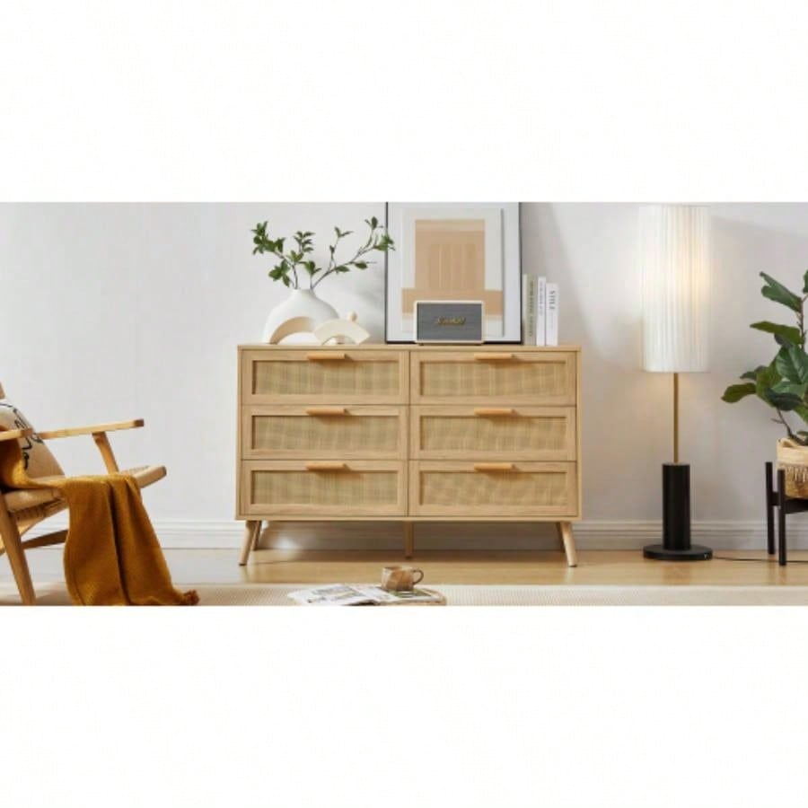 Bedroom dresser, 6 Double Dresser with rattan drawers, wood chest of drawers kids room, living room, entry and hallway, Natural, 47.2x 15.8 Dx 30 H.