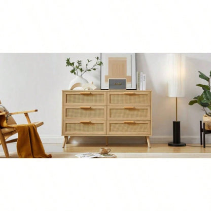 Bedroom dresser, 6 Double Dresser with rattan drawers, wood chest of drawers kids room, living room, entry and hallway, Natural, 47.2x 15.8 Dx 30 H.