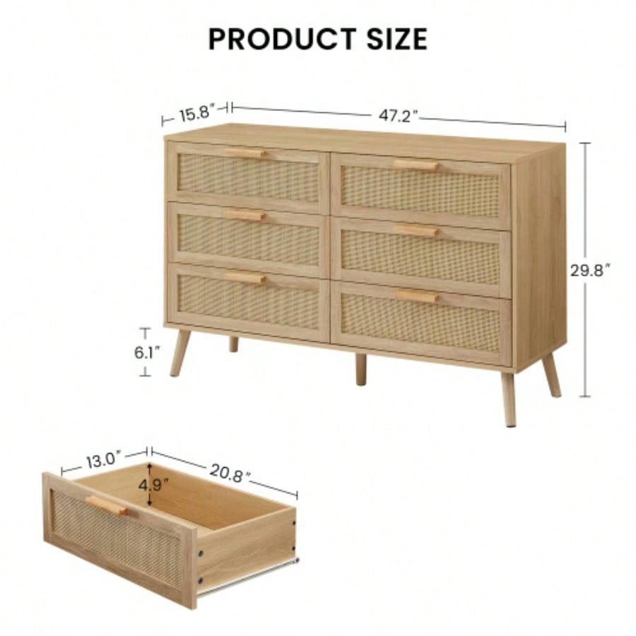 Bedroom dresser, 6 Double Dresser with rattan drawers, wood chest of drawers kids room, living room, entry and hallway, Natural, 47.2x 15.8 Dx 30 H.