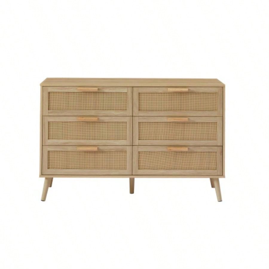 Bedroom dresser, 6 Double Dresser with rattan drawers, wood chest of drawers kids room, living room, entry and hallway, Natural, 47.2x 15.8 Dx 30 H.