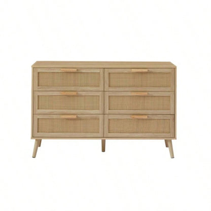 Bedroom dresser, 6 Double Dresser with rattan drawers, wood chest of drawers kids room, living room, entry and hallway, Natural, 47.2x 15.8 Dx 30 H.
