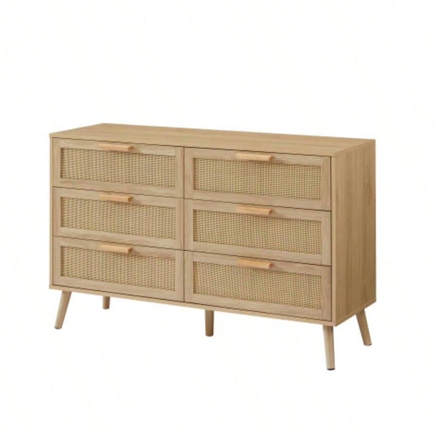 Bedroom dresser, 6 Double Dresser with rattan drawers, wood chest of drawers kids room, living room, entry and hallway, Natural, 47.2x 15.8 Dx 30 H.