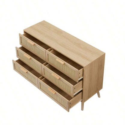 Bedroom dresser, 6 Double Dresser with rattan drawers, wood chest of drawers kids room, living room, entry and hallway, Natural, 47.2x 15.8 Dx 30 H.