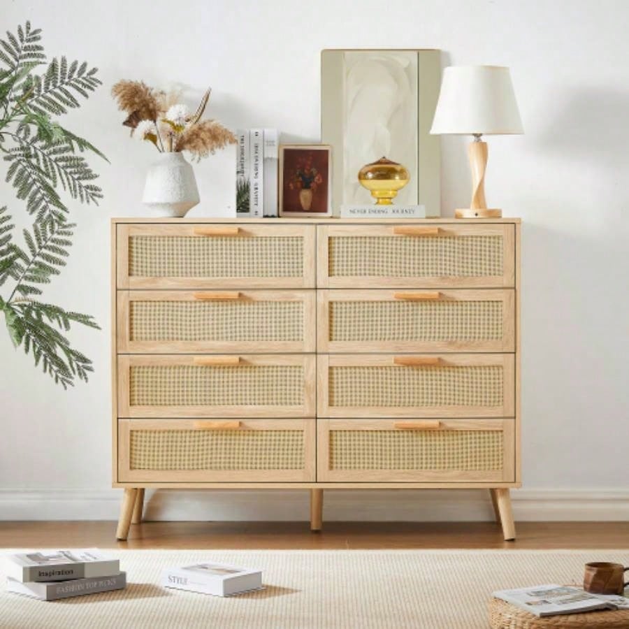 Bedroom dresser, 6 Double Dresser with rattan drawers, wood chest of drawers kids room, living room, entry and hallway, Natural, 47.2x 15.8 Dx 30 H.