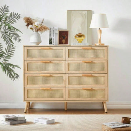Bedroom dresser, 6 Double Dresser with rattan drawers, wood chest of drawers kids room, living room, entry and hallway, Natural, 47.2x 15.8 Dx 30 H.