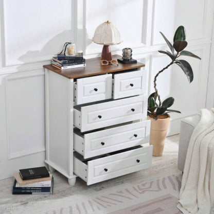 White Dresser with 5 Drawers, Tall Chest of Drawers, 5 Drawer Dresser with Deep Space, Wood Storage Cabinet Living Room, Hallway, Office, White