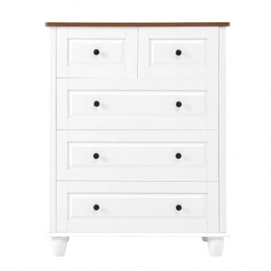 White Dresser with 5 Drawers, Tall Chest of Drawers, 5 Drawer Dresser with Deep Space, Wood Storage Cabinet Living Room, Hallway, Office, White
