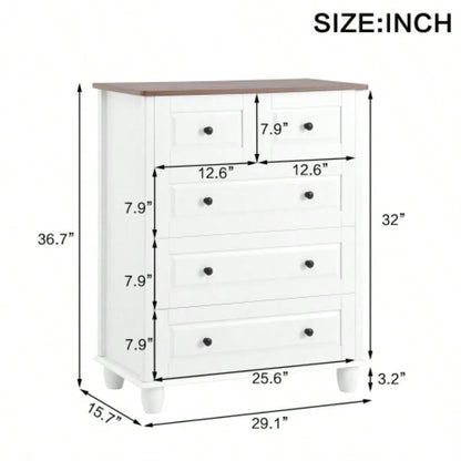 White Dresser with 5 Drawers, Tall Chest of Drawers, 5 Drawer Dresser with Deep Space, Wood Storage Cabinet Living Room, Hallway, Office, White