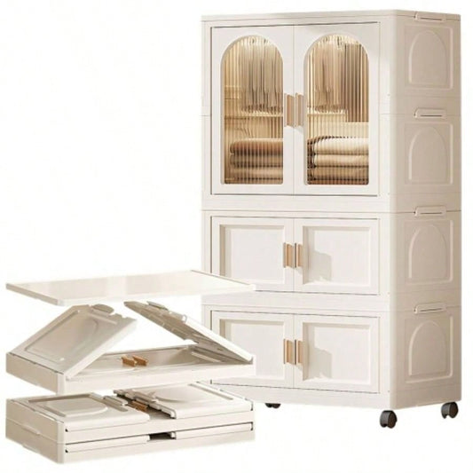 25.59 Side Wide Folding Wardrobe, 25.5915.7557.09, with Magnetic Door, Plastic Storage Cabinet with Wheels one layer of wardrobe+ two layers of folding boxes+10 hangers