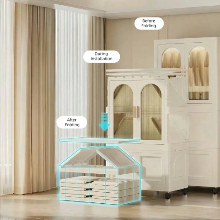 25.59 Side Wide Folding Wardrobe, 25.5915.7557.09, with Magnetic Door, Plastic Storage Cabinet with Wheels one layer of wardrobe+ two layers of folding boxes+10 hangers