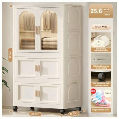 25.59 Side Wide Folding Wardrobe, 25.5915.7557.09, with Magnetic Door, Plastic Storage Cabinet with Wheels one layer of wardrobe+ two layers of folding boxes+10 hangers