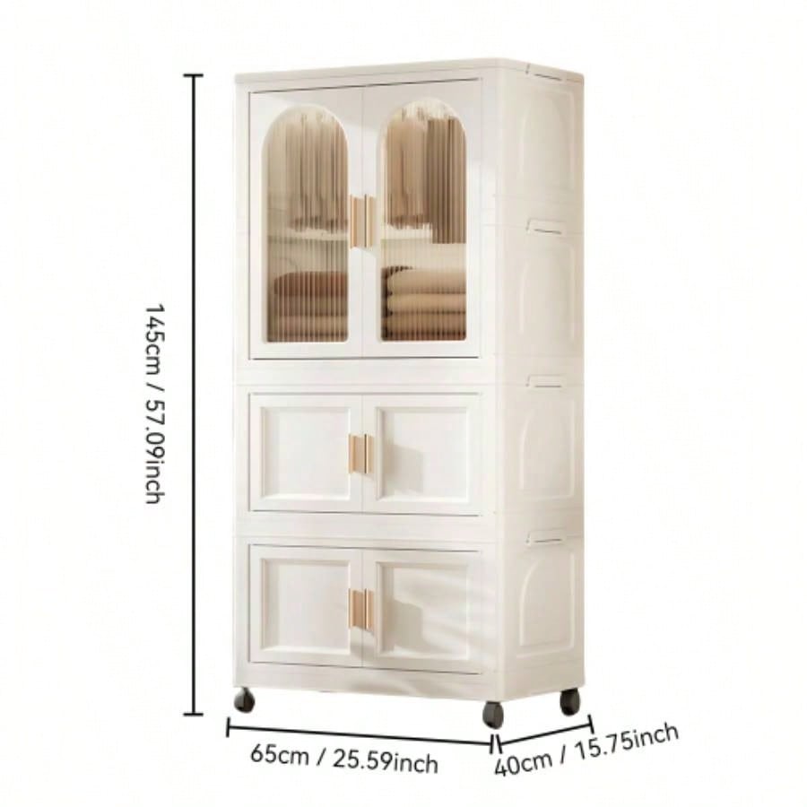 25.59 Side Wide Folding Wardrobe, 25.5915.7557.09, with Magnetic Door, Plastic Storage Cabinet with Wheels one layer of wardrobe+ two layers of folding boxes+10 hangers