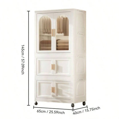 25.59 Side Wide Folding Wardrobe, 25.5915.7557.09, with Magnetic Door, Plastic Storage Cabinet with Wheels one layer of wardrobe+ two layers of folding boxes+10 hangers