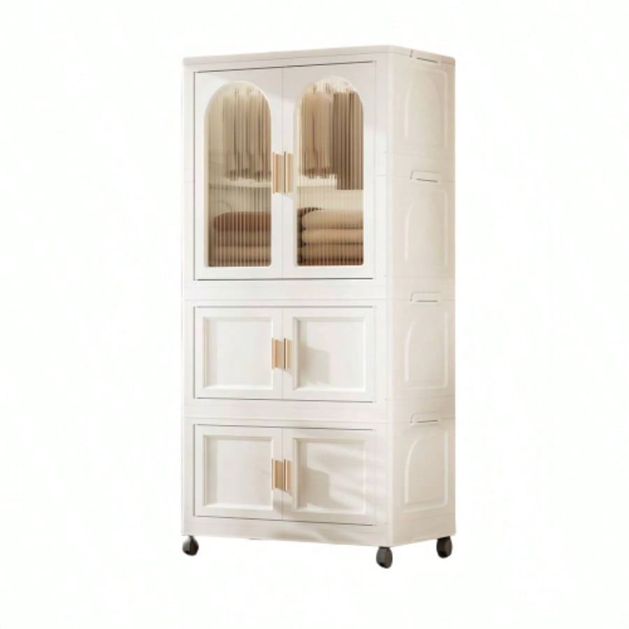 25.59 Side Wide Folding Wardrobe, 25.5915.7557.09, with Magnetic Door, Plastic Storage Cabinet with Wheels one layer of wardrobe+ two layers of folding boxes+10 hangers
