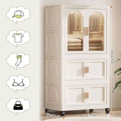 25.59 Side Wide Folding Wardrobe, 25.5915.7557.09, with Magnetic Door, Plastic Storage Cabinet with Wheels one layer of wardrobe+ two layers of folding boxes+10 hangers