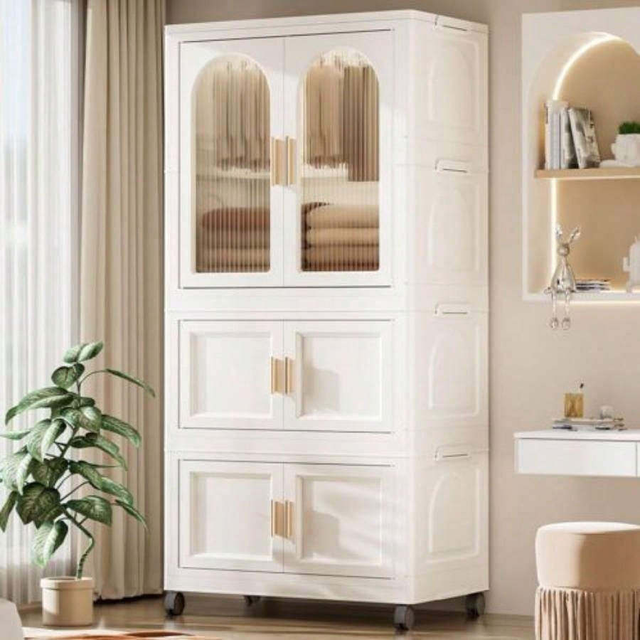 25.59 Side Wide Folding Wardrobe, 25.5915.7557.09, with Magnetic Door, Plastic Storage Cabinet with Wheels one layer of wardrobe+ two layers of folding boxes+10 hangers