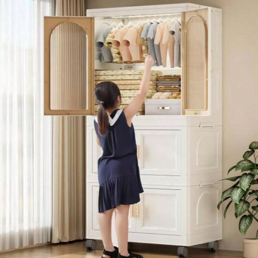 25.59 Side Wide Folding Wardrobe, 25.5915.7557.09, with Magnetic Door, Plastic Storage Cabinet with Wheels one layer of wardrobe+ two layers of folding boxes+10 hangers