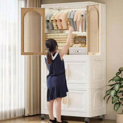 25.59 Side Wide Folding Wardrobe, 25.5915.7557.09, with Magnetic Door, Plastic Storage Cabinet with Wheels one layer of wardrobe+ two layers of folding boxes+10 hangers