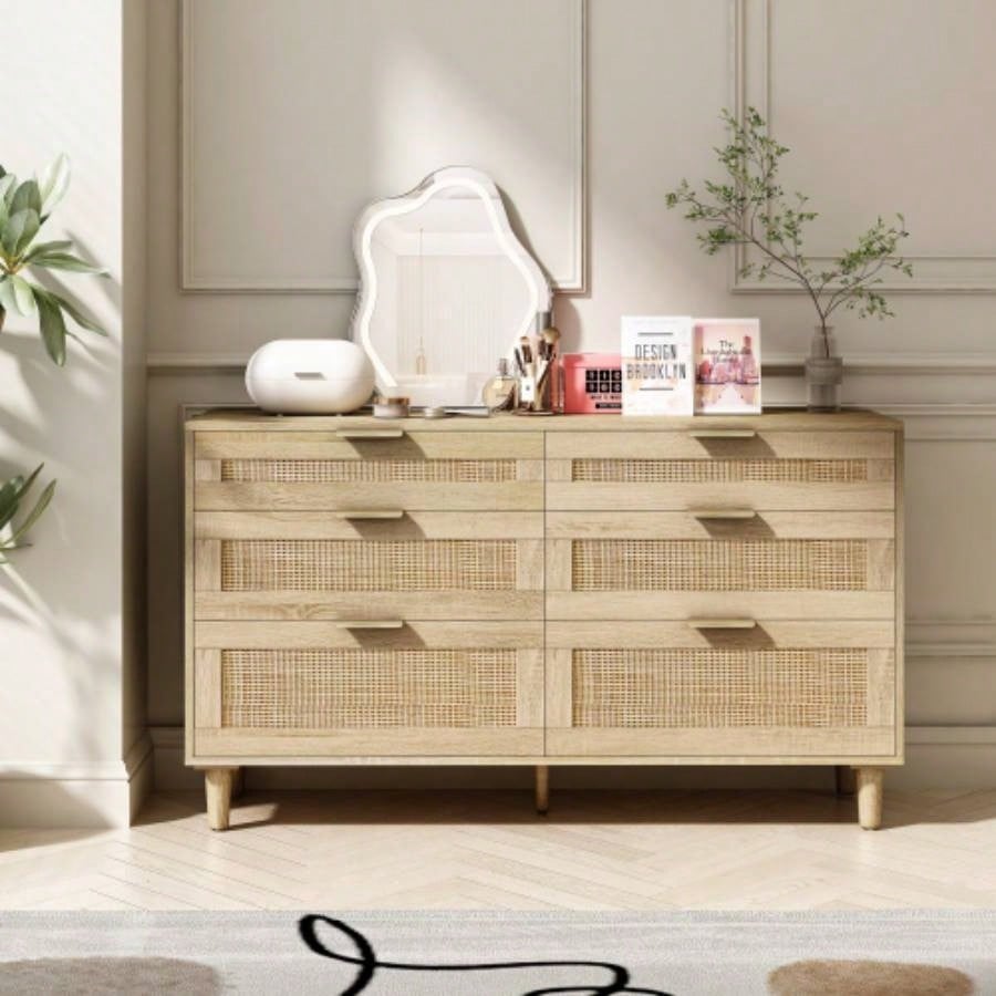51 Rattan Dresser with Drawers, 6 Drawer Dresser Bedroom, Clothes Storage Cabinet Bedroom, Metal HandleWood Hallway, Living Room, Bedroom, Natural