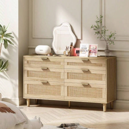 51 Rattan Dresser with Drawers, 6 Drawer Dresser Bedroom, Clothes Storage Cabinet Bedroom, Metal HandleWood Hallway, Living Room, Bedroom, Natural
