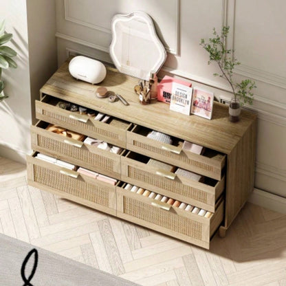 51 Rattan Dresser with Drawers, 6 Drawer Dresser Bedroom, Clothes Storage Cabinet Bedroom, Metal HandleWood Hallway, Living Room, Bedroom, Natural