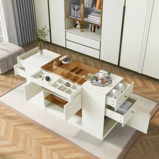 Modern Luxury Multi - Functional Island Vanity Dresser and Storage Cabinet with Glass Tabletop, Display Cabinet, 6 Drawers Walk - in - Wardrobe and Bedroom