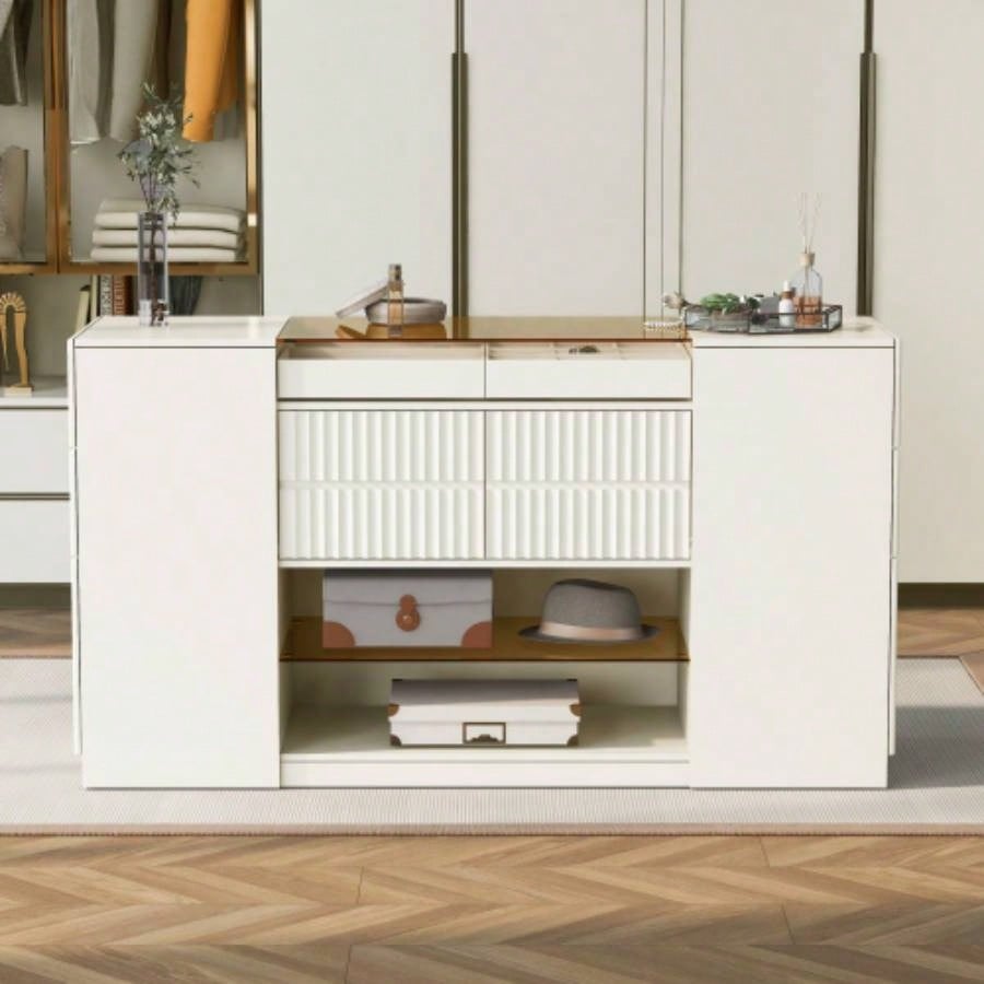 Modern Luxury Multi - Functional Island Vanity Dresser and Storage Cabinet with Glass Tabletop, Display Cabinet, 6 Drawers Walk - in - Wardrobe and Bedroom