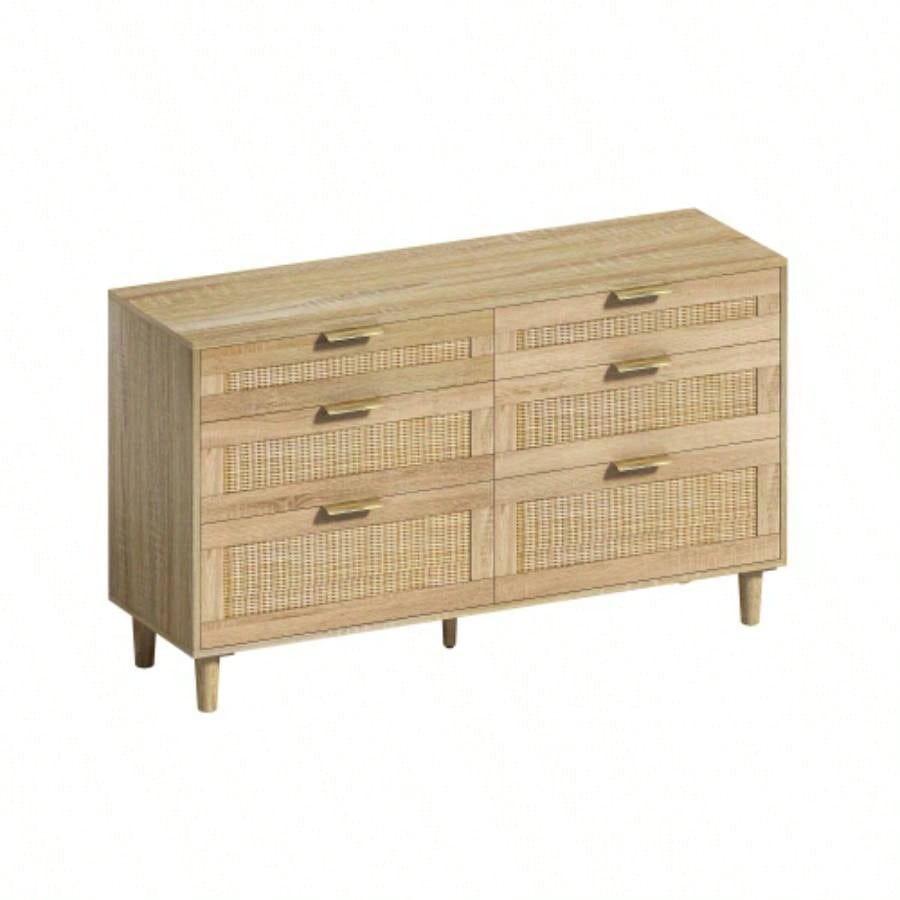 51 Rattan Dresser with Drawers, 6 Drawer Dresser Bedroom, Clothes Storage Cabinet Bedroom, Metal HandleWood Hallway, Living Room, Bedroom, Natural
