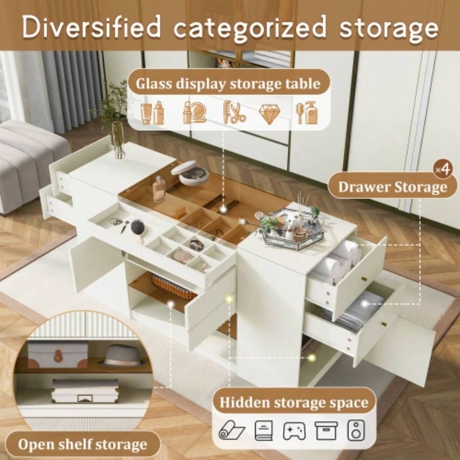 Modern Luxury Multi - Functional Island Vanity Dresser and Storage Cabinet with Glass Tabletop, Display Cabinet, 6 Drawers Walk - in - Wardrobe and Bedroom