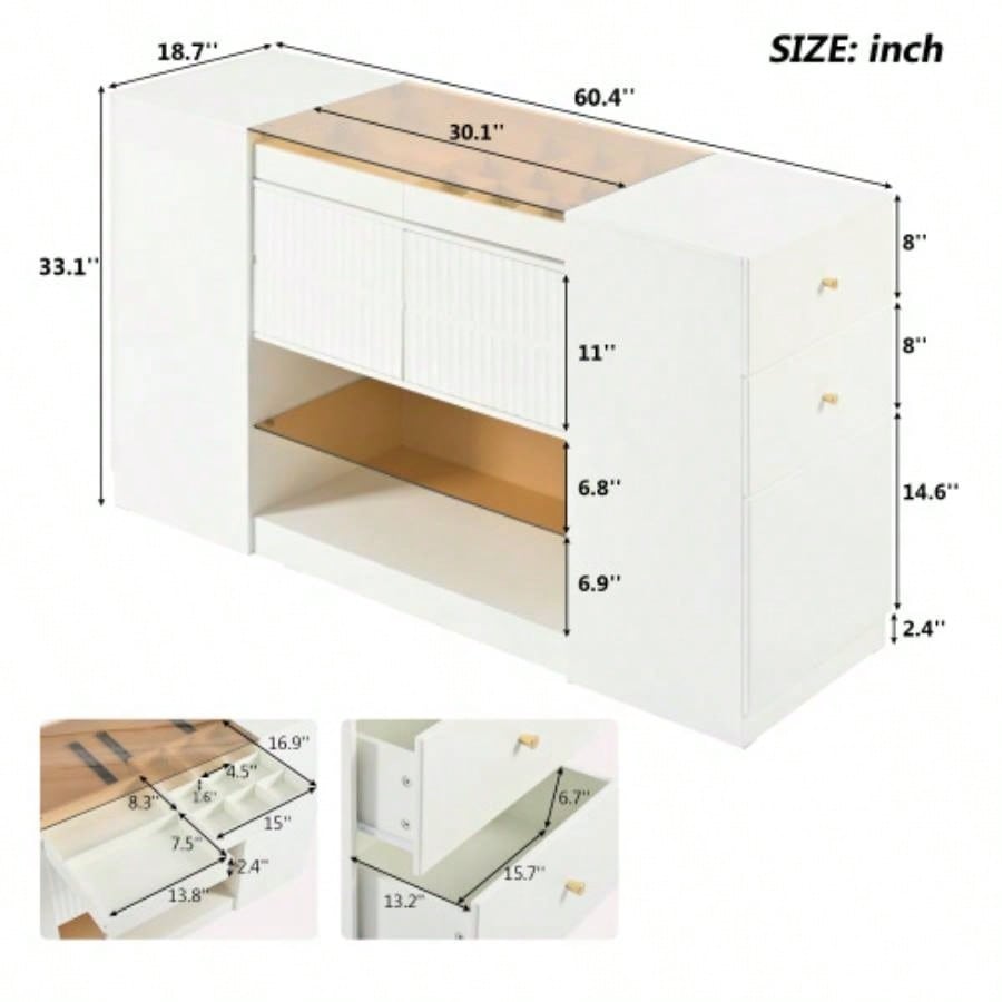 Modern Luxury Multi - Functional Island Vanity Dresser and Storage Cabinet with Glass Tabletop, Display Cabinet, 6 Drawers Walk - in - Wardrobe and Bedroom