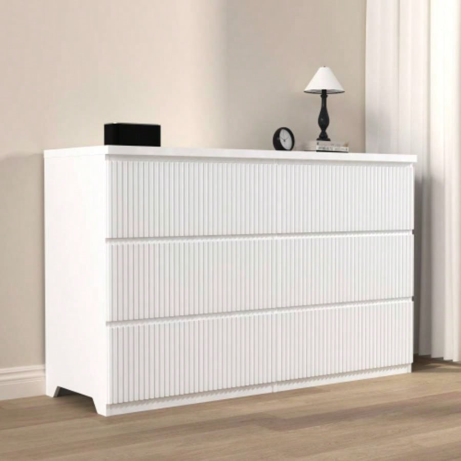6 Drawer Storage Cabinet, Dresser, Wood Storage Tower Clothes Organizer with Wavy drawer panel, Wide Chest of 6 Drawers, Large Storage Space Bedroom, Hallway, Entryway Living Room White