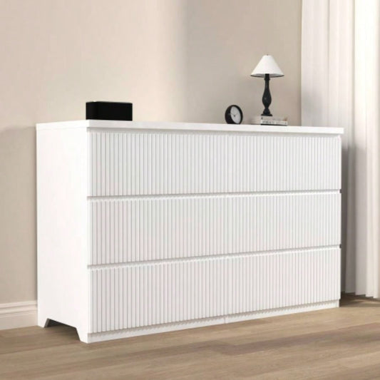 6 Drawer Storage Cabinet, Dresser, Wood Storage Tower Clothes Organizer with Wavy drawer panel, Wide Chest of 6 Drawers, Large Storage Space Bedroom, Hallway, Entryway Living Room White