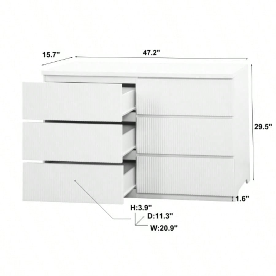 6 Drawer Storage Cabinet, Dresser, Wood Storage Tower Clothes Organizer with Wavy drawer panel, Wide Chest of 6 Drawers, Large Storage Space Bedroom, Hallway, Entryway Living Room White