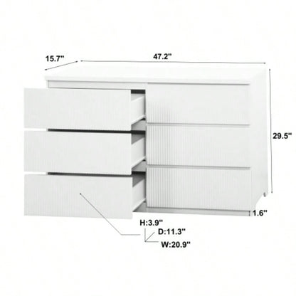 6 Drawer Storage Cabinet, Dresser, Wood Storage Tower Clothes Organizer with Wavy drawer panel, Wide Chest of 6 Drawers, Large Storage Space Bedroom, Hallway, Entryway Living Room White