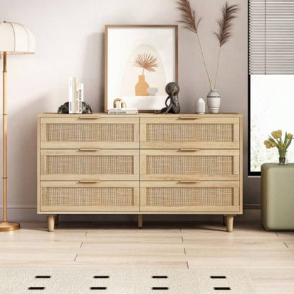 51 Rattan Dresser with Drawers, 6 Drawer Dresser Bedroom, Clothes Storage Cabinet Bedroom, Metal HandleWood Hallway, Living Room, Bedroom, Natural