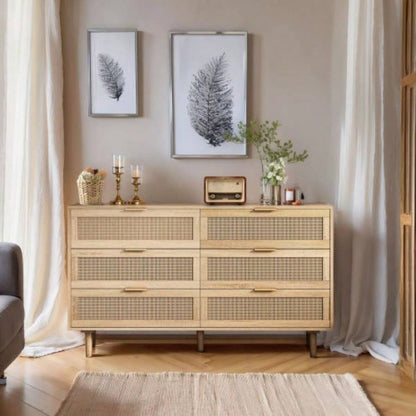 51 Rattan Dresser with Drawers, 6 Drawer Dresser Bedroom, Clothes Storage Cabinet Bedroom, Metal HandleWood Hallway, Living Room, Bedroom, Natural
